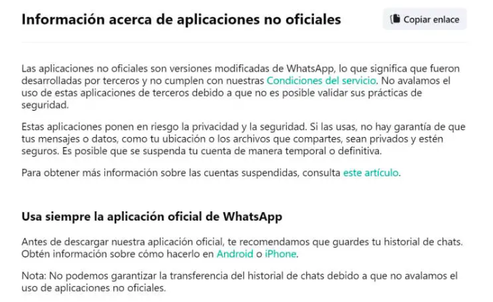 Mensaje de WhatsApp sobre el uso de app piratas