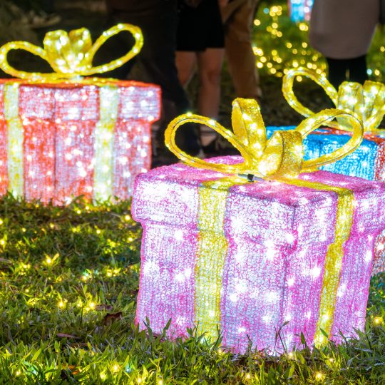 Decorated gift boxes with glowing lights on grass