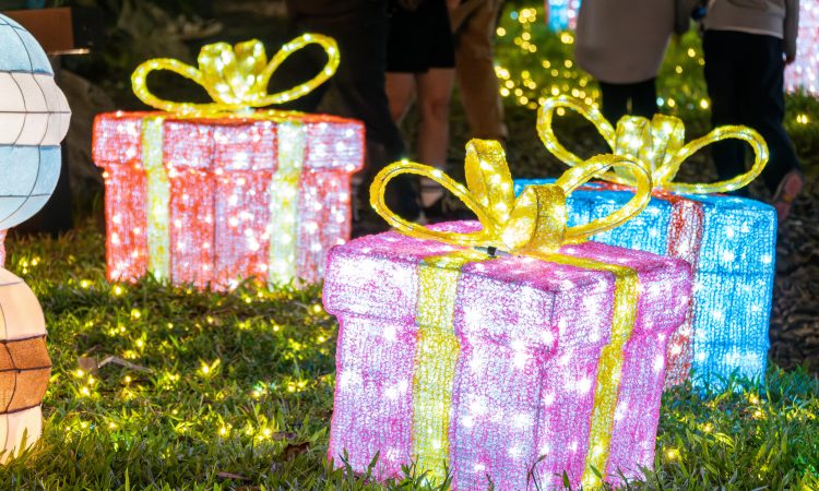 Decorated gift boxes with glowing lights on grass
